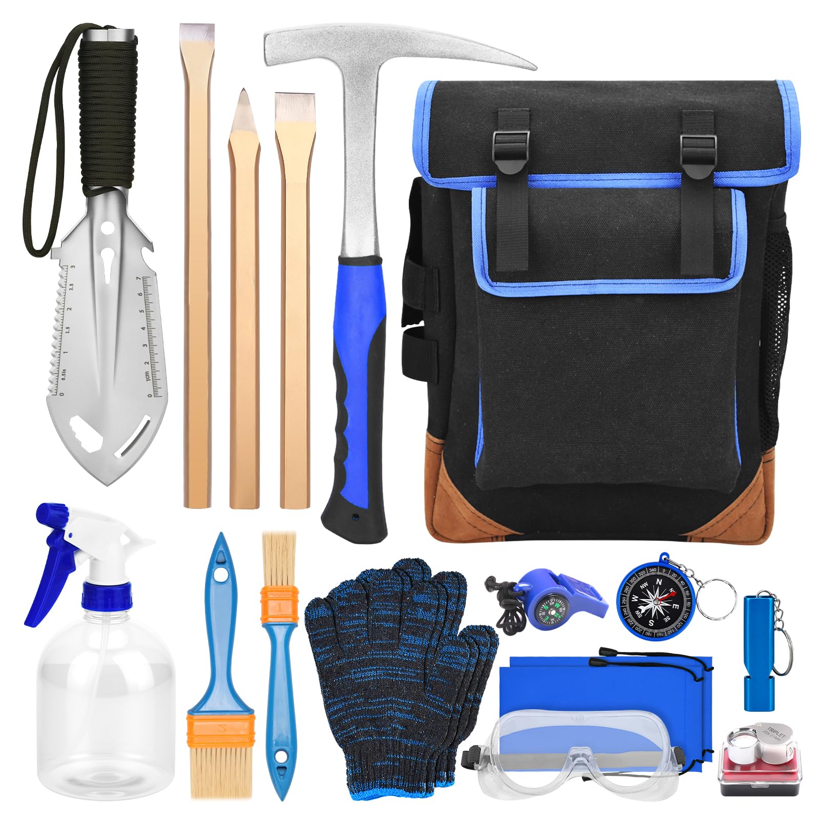 Photo 1 of 17 PCS Geology Rock Hammer Kit, 32oz Rock Pick Hammer, 3PCS Digging Chisels,Rock Hounding Tools with Multi-Function Shovel, Backpack, Brushes, Gloves, Goggles, Whistle, Compass, Loupe, Spray Bottle