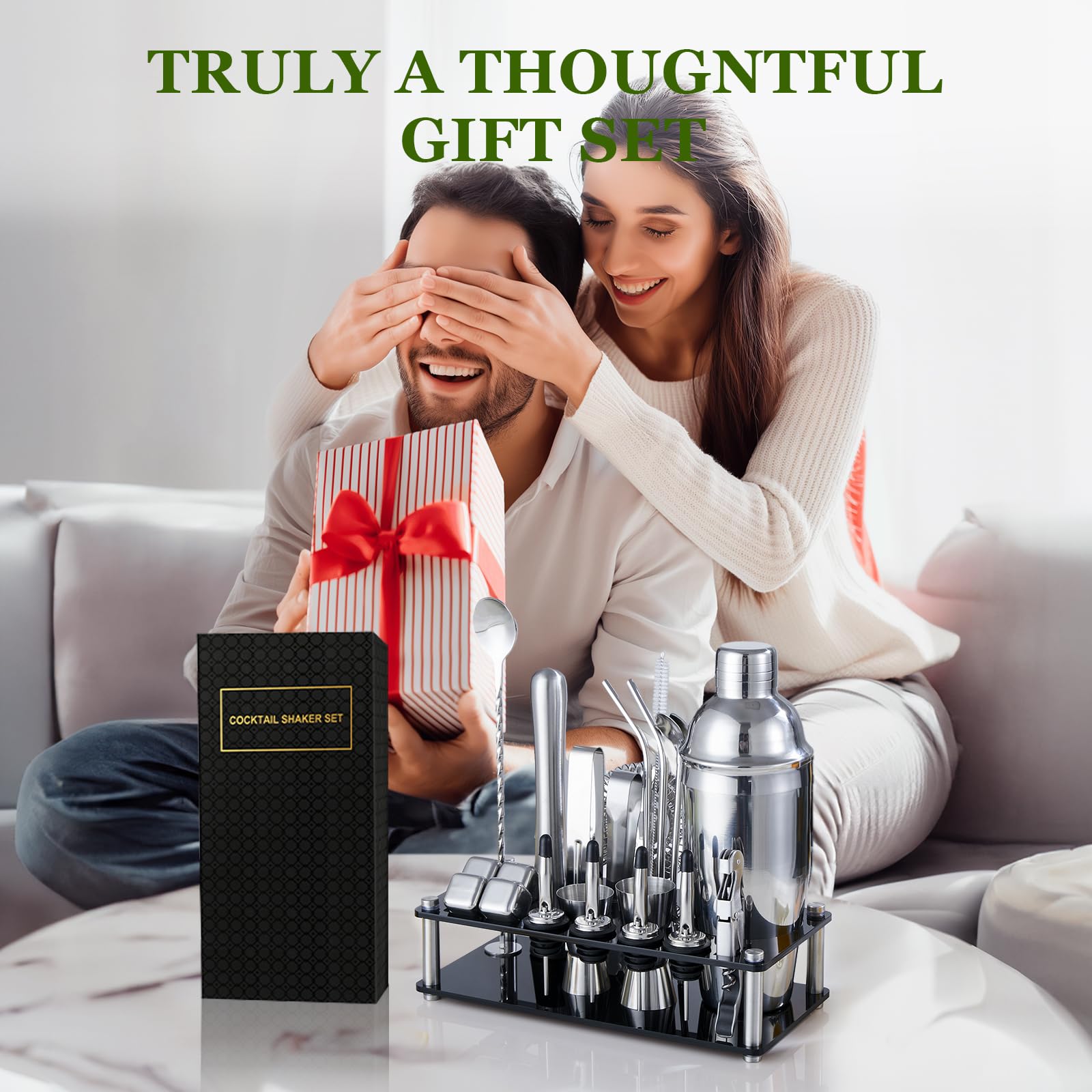 Cocktail Shaker Set, 23-Piece Stainless Steel Bartender Kit with Acrylic Stand & Cocktail Recipes Booklet, Professional Bar Tools for Drink Mixing, Home, Bar, Party (Include 4 Whiskey Stones) - Image 7