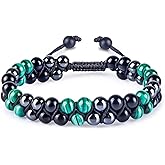 GENASTO Malachite Crystal Black Obsidian Bracelet Hematite Beads Bracelet Genuine Green Healing Crystal Stone Jewelry Protection Bracelet for Stress Relief Gift for Him