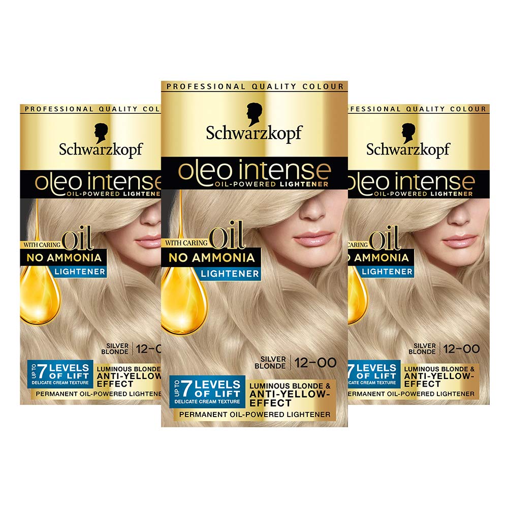 Schwarzkopf Oleo Intense Blonde Hair Dye, Permanent Oil Colour, No Ammonia, Covers Greys, 12-00 Silver Blonde ,Pack of 3