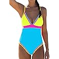 popvil Women One Piece Swimsuit Tummy Control Bathing Suit Neon Color Block Swim Suits Slimming Cute Tie Back Swimwear