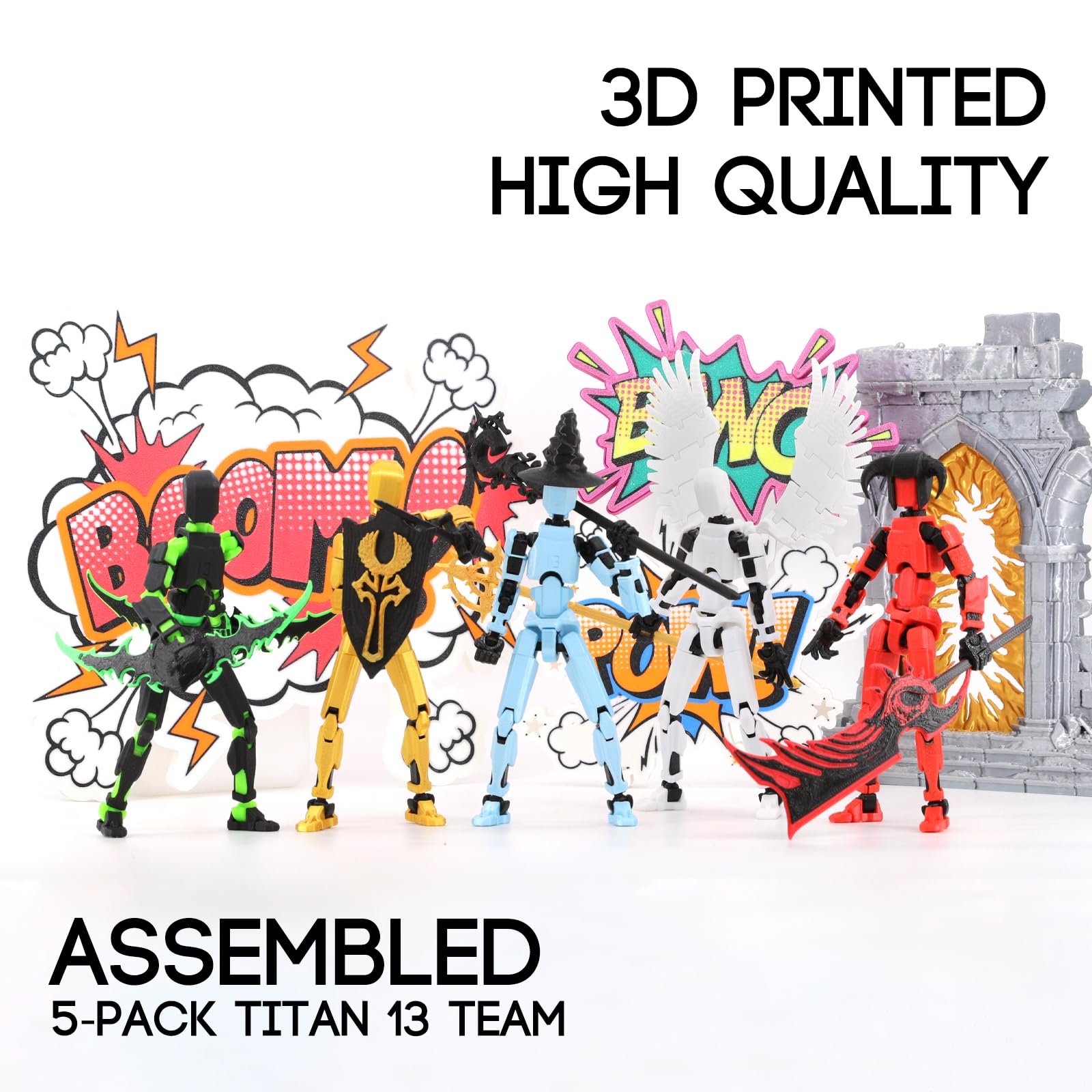 Qoopower T13 Titan 13 Action Figure Assembly Completed, 5-Pack T 13 Lucky 13 3D Printed Action Figure Articulated, Dummy Gift for Boys Desktop Decorations,muñeco de acción (Multicolored)