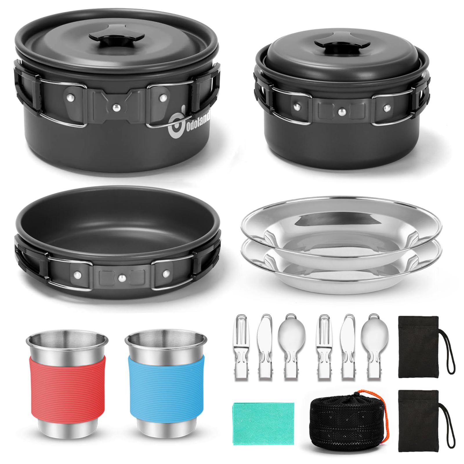 Odoland Camping Cookware Kit, Non-Stick Lightweight Pots Pan Set with Stainless Steel Cups Plates Forks Spoons for Camping, Outdoor Cooking and Picnic