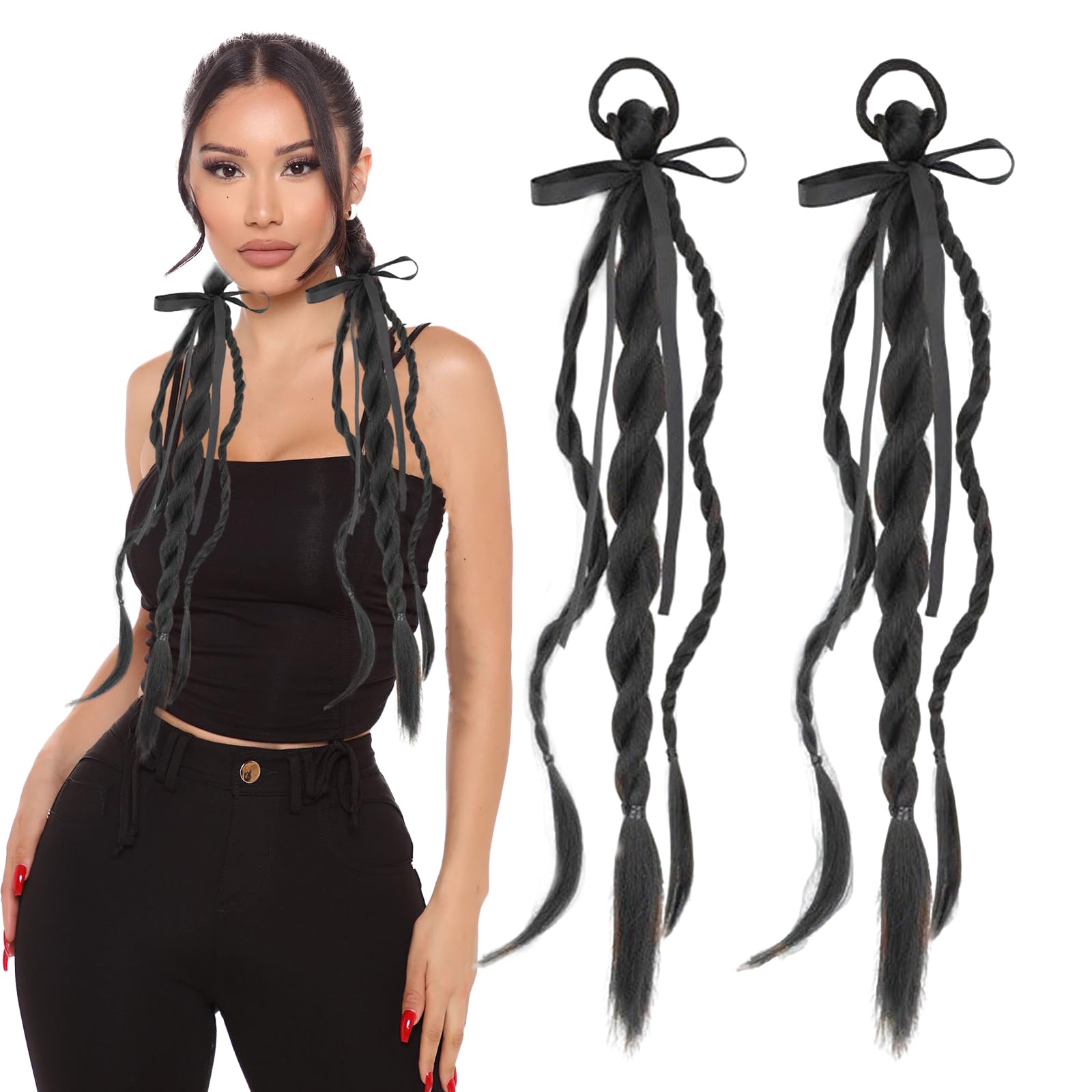 Photo 1 of 2PCS Ponytail Extension Braid with Hair Tie Synthetic Ponytail Twisted Braid wig hair band for Women Girls 19 in (Natural black)