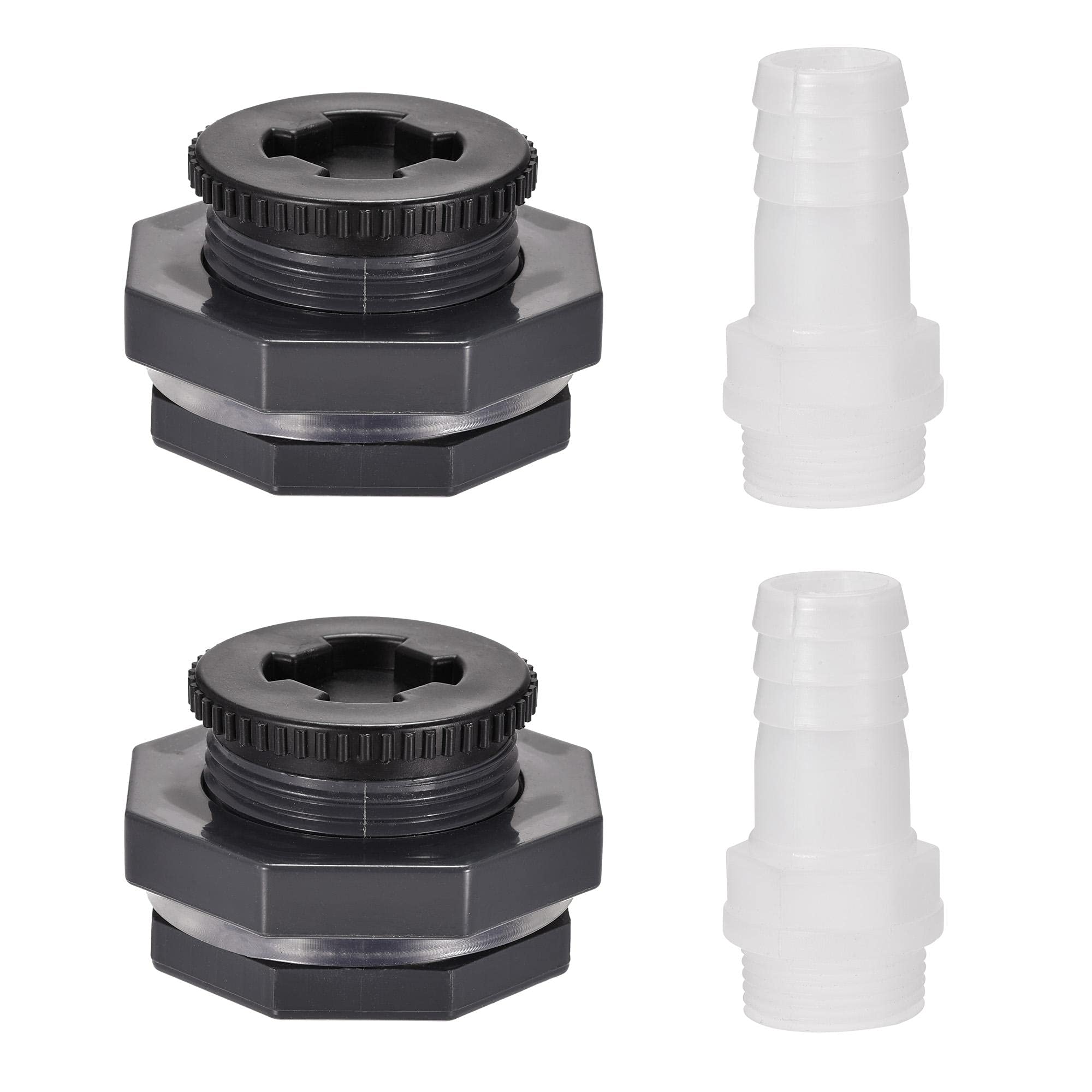 sourcing map PVC Bulkhead Tank Adapter G1 Thread with Plug and 27mm OD Barbed Pipe Fitting for Rain Buckets Water Tanks 2 Set