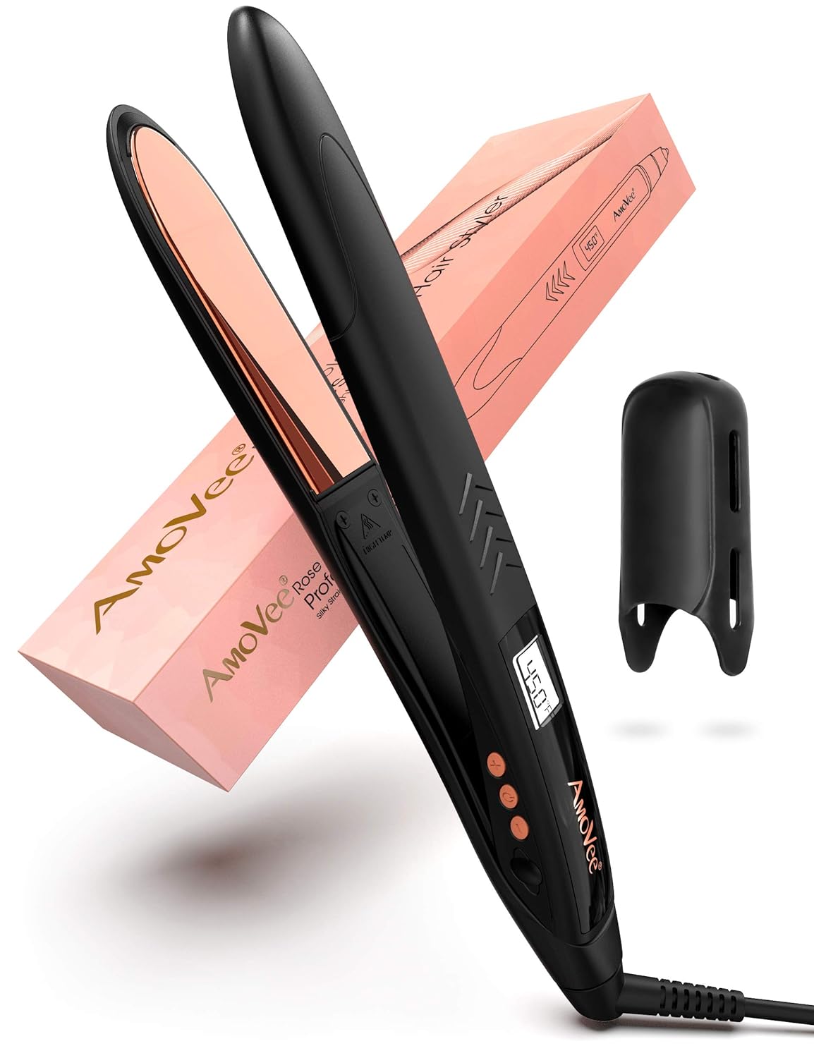 AmoVee Nano Titanium Flat Iron, Hair Straightener and Curler 2 in 1, Straightens & Curls with Adjustable Temp Up to 450 Fahrenheit, Professional 1 Inch Flat Iron for All Hair Types, Black/Rose Gold