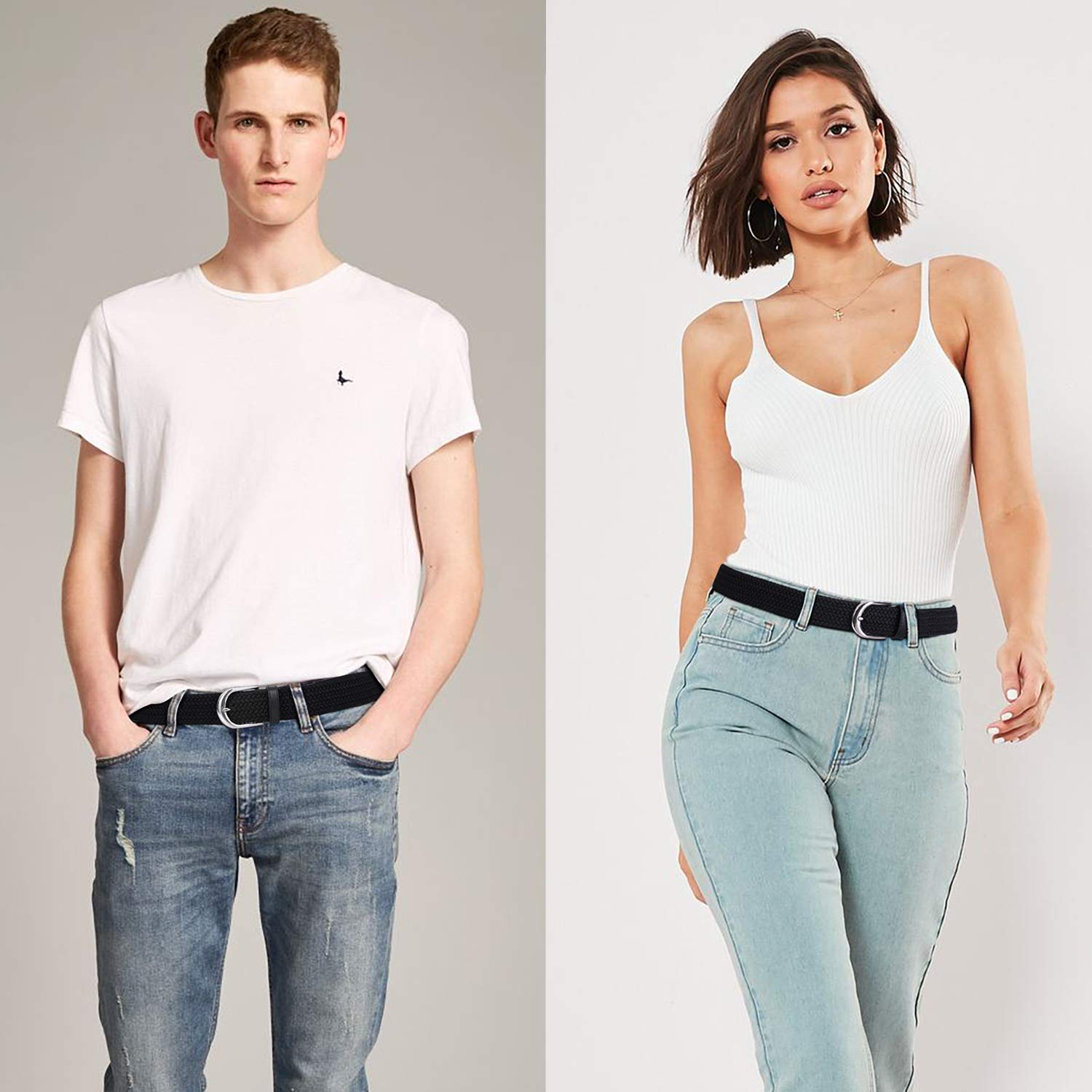 LEACOOLKEY Braided Stretch Belt for Men/Ladies Weave Canvas Elastic Woven Belt, B- Black,Medium(Suits For Pants Size:33-40 Inches)