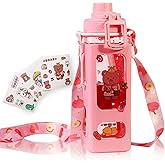 GMKD Kawaii Water Bottle for Girls Cute Kids Water Bottles with Straw Square Drinking Bottle, Portable Leakproof Water Jug for School, 24 oz (Pink-700ml)