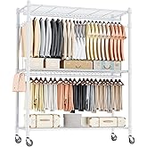 Homdox 3 Tier Garment Rack with Wheels, Portable Closets for Hanging Clothes Heavy Duty, Closet Racks and Shelving with Double Hanger Rods & Side Hooks, White