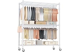 Homdox 3 Tier Garment Rack with Wheels, Portable Closets for Hanging Clothes Heavy Duty, Closet Racks and Shelving with Double Hanger Rods & Side Hooks, White