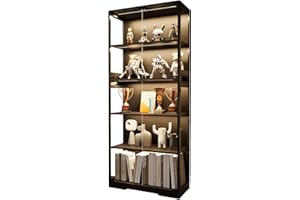 ZRNINR 65" Tall Display Case with Glass Doors, Lighted Display Cabinet Bookcase with Human Body Sensor, 5 Tier 3-Colored LED Storage Curio Cabinet for Collectibles for Living Room (Iron-Wooden Frame)