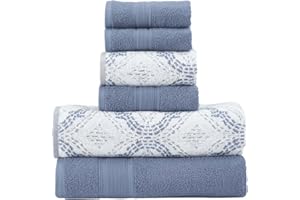 Modern Threads Capri 6-Piece Reversible Yarn Dyed Jacquard Towel Set - Bath Towels, Hand Towels, & Washcloths - Super Absorbent & Quick Dry - 100% Combed Cotton, Denim