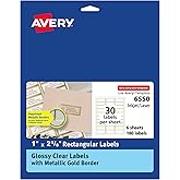 Avery Glossy Clear Labels, Metallic Gold Borders, 1" x 2-5/8" Rectangle Labels, 180 Total, Laser/Inkjet Printable (6550)