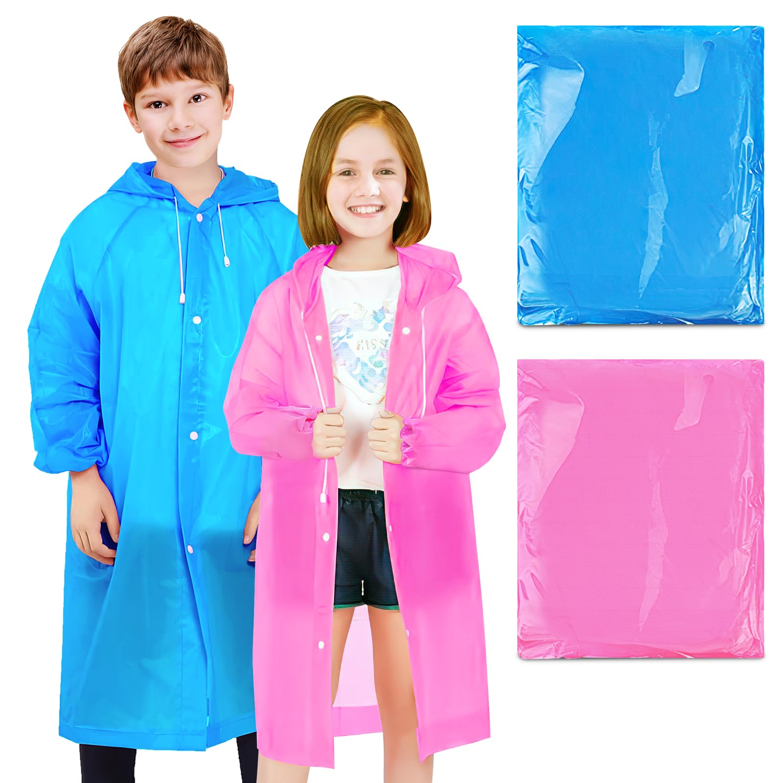 BFONS 2-3 Pack Rain Ponchos for Kids Reusable, EVA Raincoats for Boys Girls with Hood and Sleeves, Waterproof Rain Coat