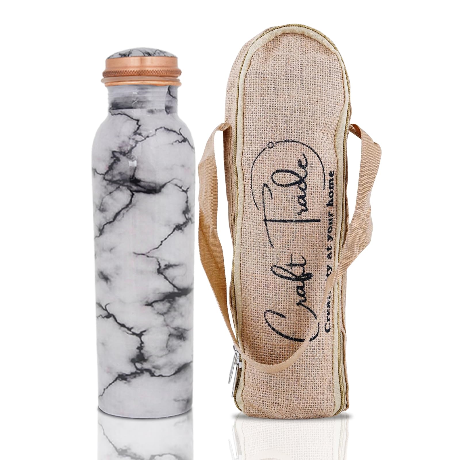 Craft Trade Printed Pure Copper Bottle with Lid and Carry Bag for Drinking Water BPA Free Leak Proof Boosts Immunity, Supports Digestive & Ayurveda Inspired 34oz - 1 Litre White