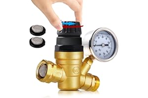 Gociean Handle Adjustable RV Water Pressure Regulator for RV Camper, Upgraded Brass Lead-Free RV Water Pressure Regulator with Gauge and 2 Inlet Screened Filters for RV Camper, Travel Trailer