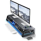 Vaydeer All-in-One Dual Monitor Stand Riser with 2 Drawers, 8USB Ports and Wireless Charging Pad with LED Light Strip for 2 Monitors , Desk Organizer for PC, iMac (Metal, 39.3 inches)-Black