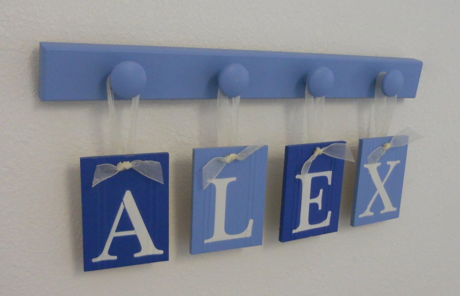 Baby Boys Gifts Hanging Nursery Wall Letters Personalized Set Includes Babies Name and Wooden Pegs Handmade and Painted in a Light Blue and Blue