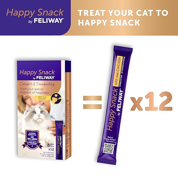 HAPPY SNACK BY FELIWAY®, DELICIOUS, LICKABLE, SQUEEZABLE PURÉE CAT TREATS FOR A DAILY CALMING ROUTINE, MADE WITH REAL CHICKEN, 12 PACK (0.5OZ TUBES)