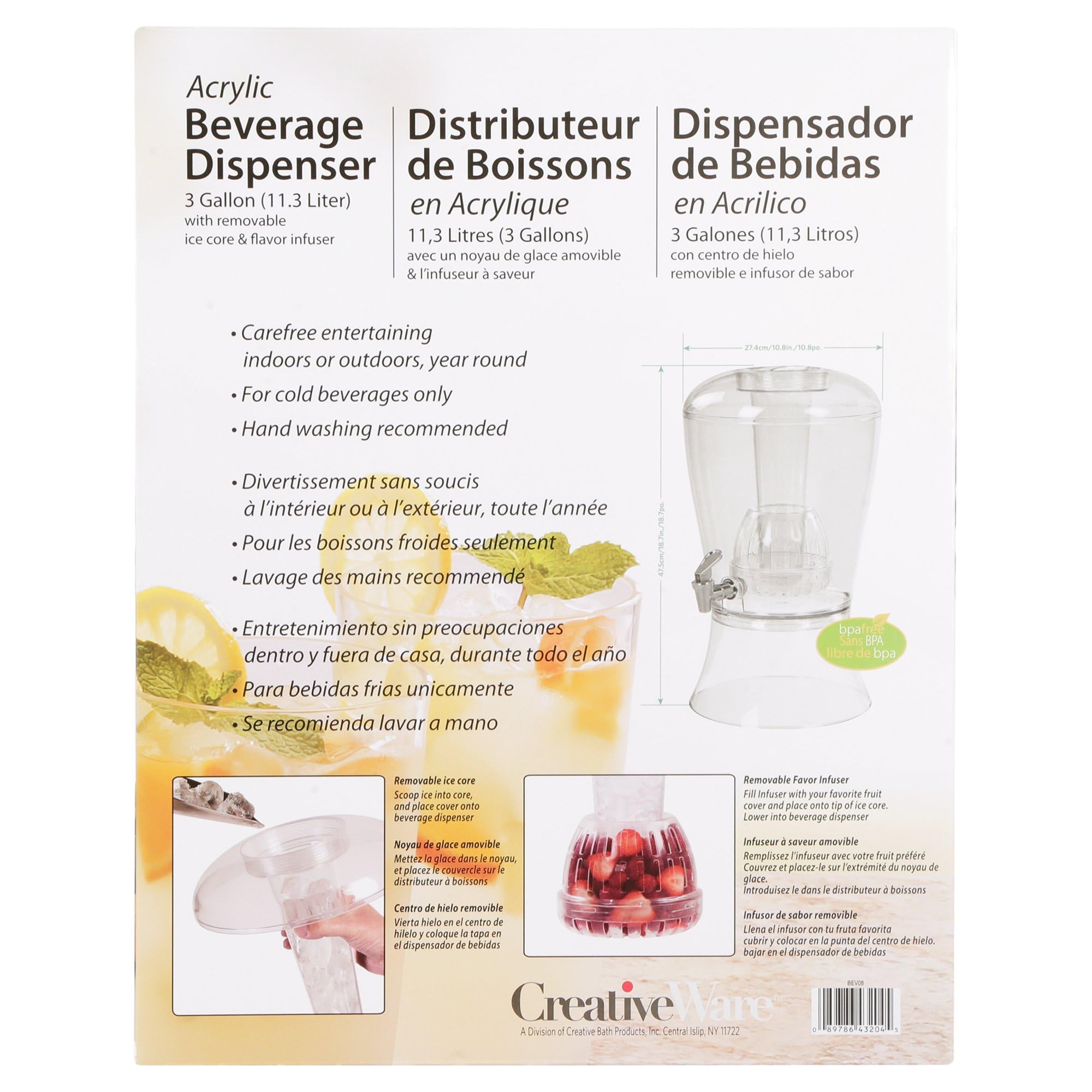 CreativeWare 3 Gallon Beverage Dispenser With Ice Cylinder And Fruit Infuser