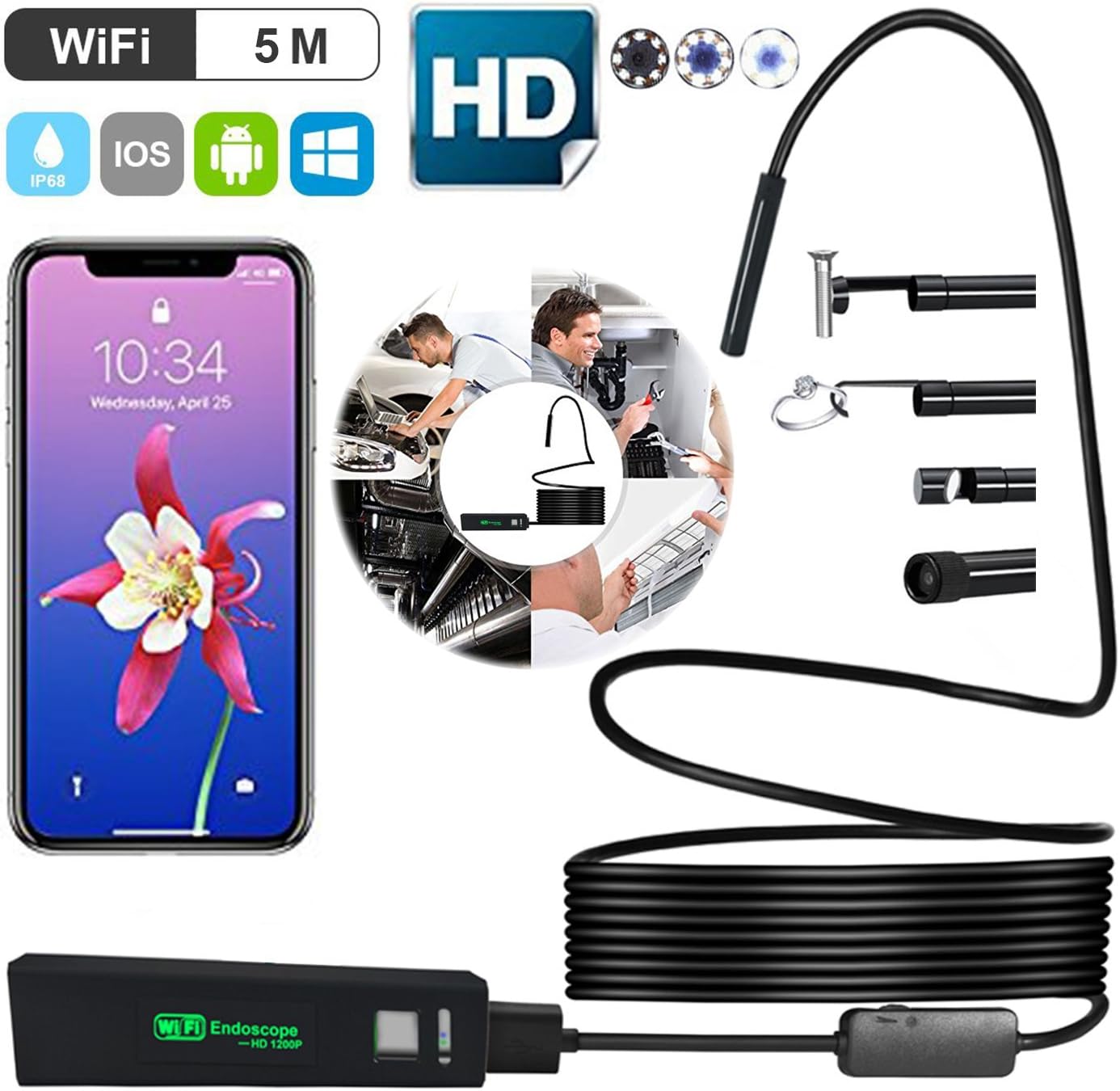 GUYO WiFi Wireless Endoscope 2.0MP 1200P Full HD Inspection Camera,IP68 Waterproof Borescope with 8 LED Lights,Semi-Rigid Cable Snake Camera for iPhone Android Smartphones,Table PC,iPad 16.5FT(5M)