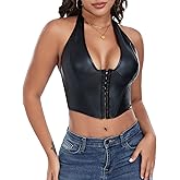 FEOYA Womens Pu Leather Halter Neck Tops Lace Up Backless Corset Bustier Sexy Y2K Going Out Party Vest Clubwear