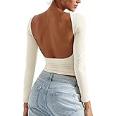 SUUKSESS Women Backless Going Out Tops Double Lined Open Back Basic Long Sleeve