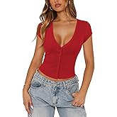 Pungdra Women's Ribbed Button Down Shirt Cap Sleeve Tops for Women Button Up Knit Slim Fit Casual Y2K Crop Going Out Top