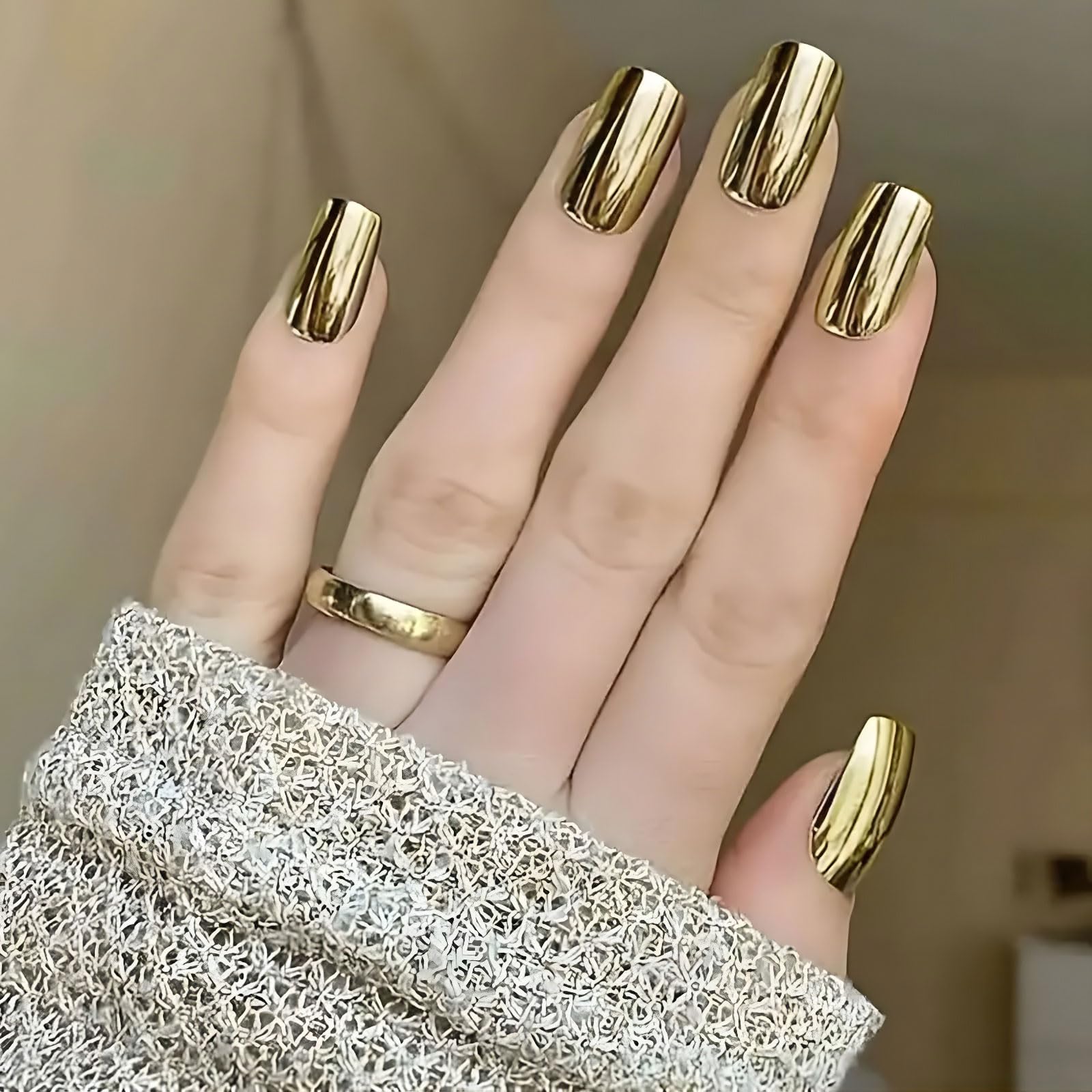 Photo 1 of Gold Chrome Press On Nails Short Square, 24pcs Gold Fake Nails Chrome Mirror Gloss Holographicy Solid Color, Stick Glue on Nails, Nail File And Adhesive Tabs Included