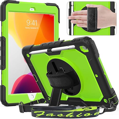 Timecity iPad 10.2 Case 2020/2019 (iPad 8th/ 7th Generation Case) with Screen Protector Pencil Holder Rotating Kickstand Hand/Shoulder Strap.Durable Protective Cover for iPad 10.2 inch-Black+Green