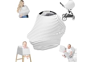 Plushii Baby Car Seat Cover, Multi-Functional Carseat Canopy and Infant Stroller Cover for Boys and Girls, Stretchy 5-in-1 Breathable Breastfeeding Cover, Grey&Stripe