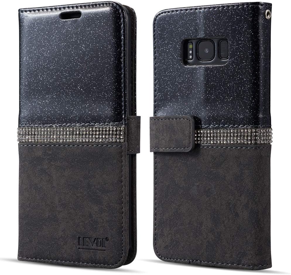 LEVOL Glitter Case for Samsung Galaxy S9 Plus,Bling Diamond Folio Leather Wallet with [Kickstand] [Card Slots] [Magnetic Closure] Flip Slim Case for Samsung Galaxy S9 Plus [Black]