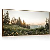 FWIEXA Green Forest Mountain Framed Canvas Wall Art Set, Wildflower Meadow Wall Decor, Floral Pictures Artwork, Nature Sunset Landscape Art Prints for Living Room, Bedroom, Office - Size 20