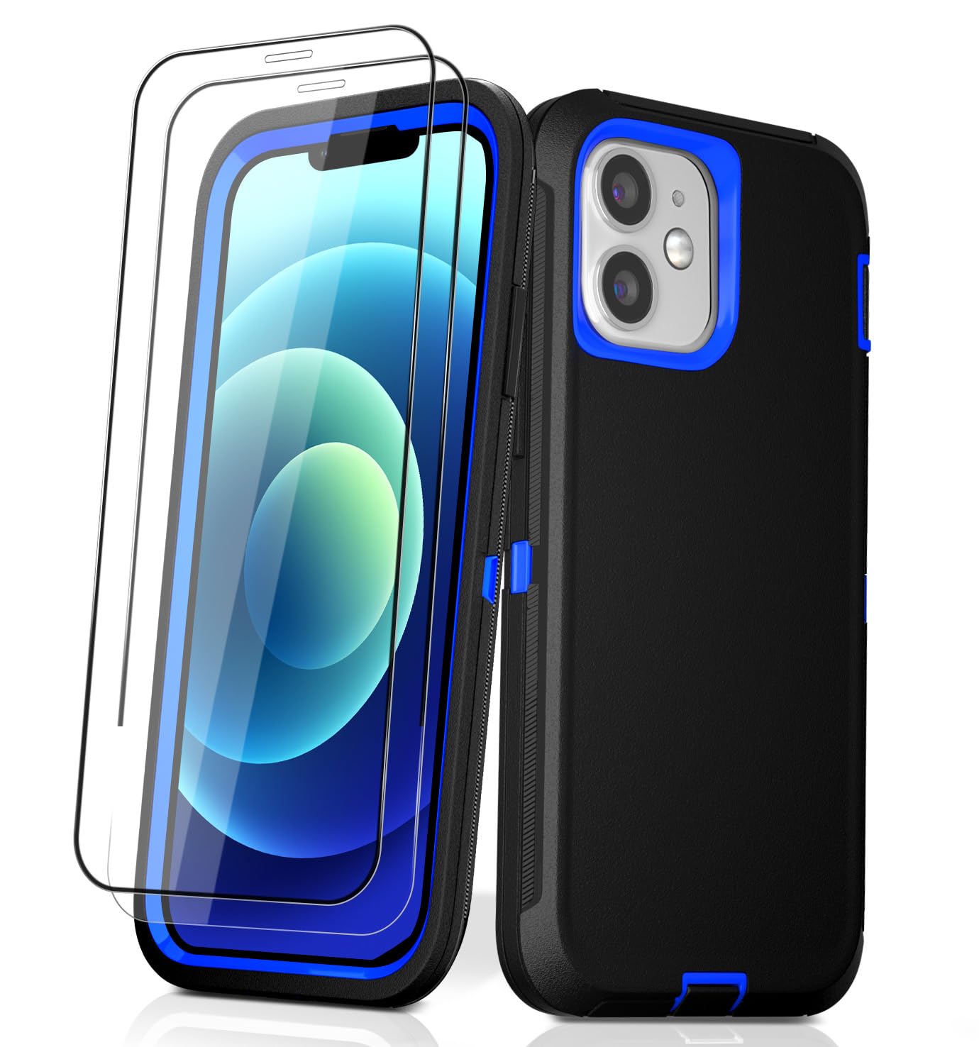 JGS for iPhone 12 /iPhone 12 Pro Case 6.1", Military Grade 3 in 1 Heavy Duty Shockproof/Drop Proof Case with 2 PCS Tempered Glass Screen Protector (Black Blue)