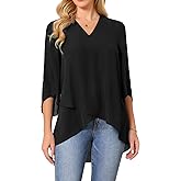 Seta T Women's High Low Tops Dressy Casual 3/4 Bell Sleeve V Neck Asymmetrical Hem Shirt Chiffon Blouse
