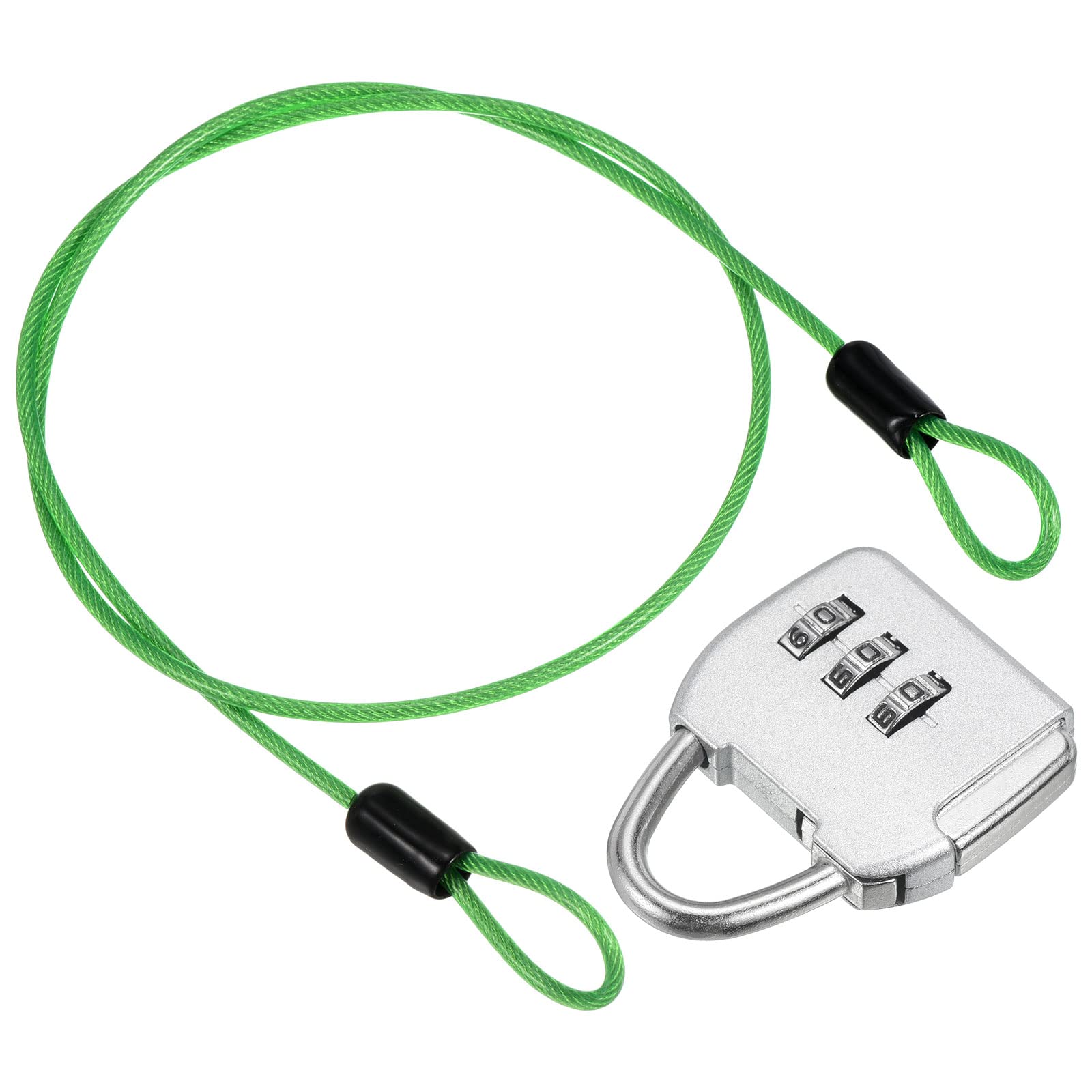 PATIKIL Security Steel Cable with 3 Digit Combination Lock, Travel Padlock 1.6Ft Green Coated Safety Wire Rope Double Loop for Luggage Suitcase Silver