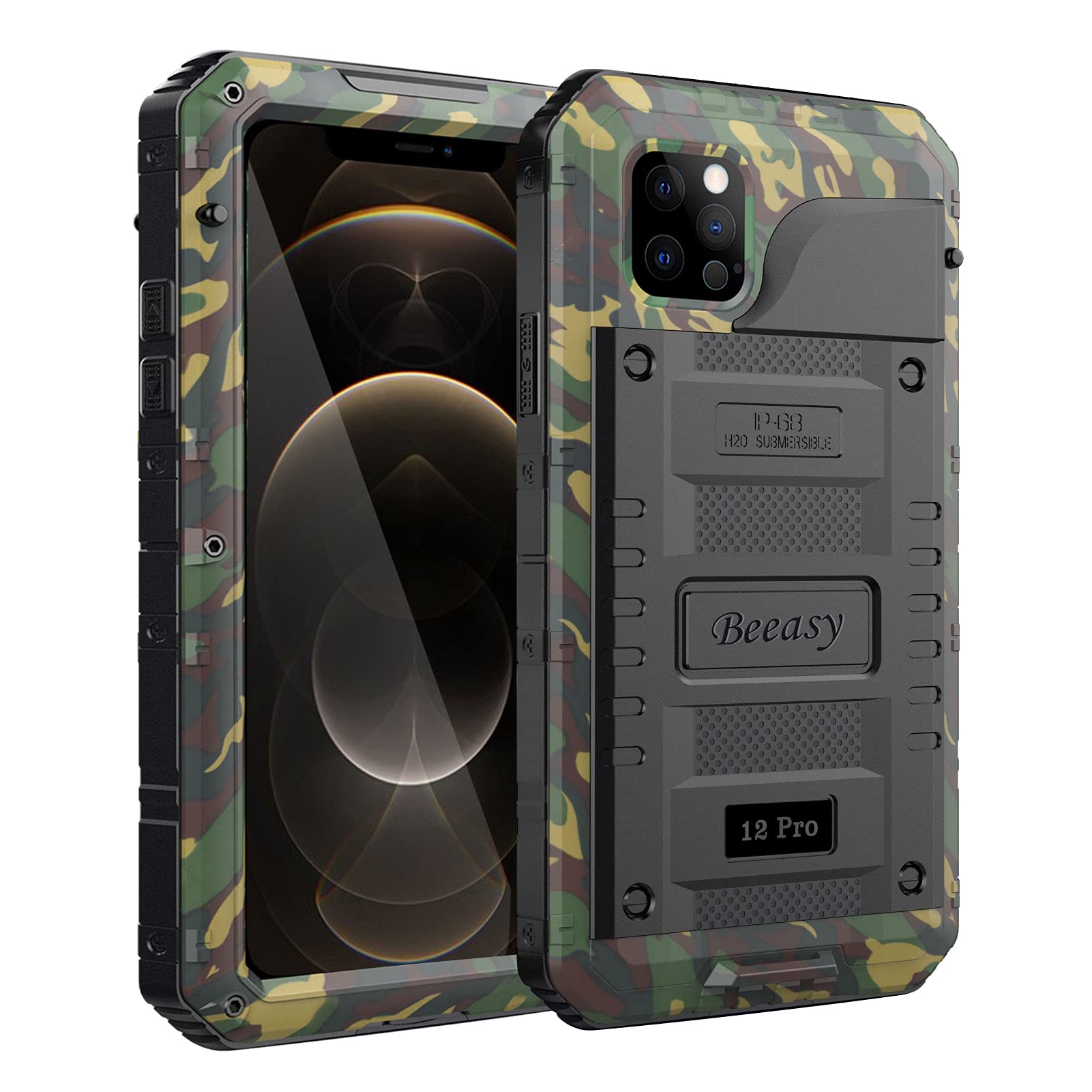 Beeasy Case for iPhone 12 Pro, Military Shockproof, IP68 Waterproof, Built-in Screen Protector, Metal Protection, Camo