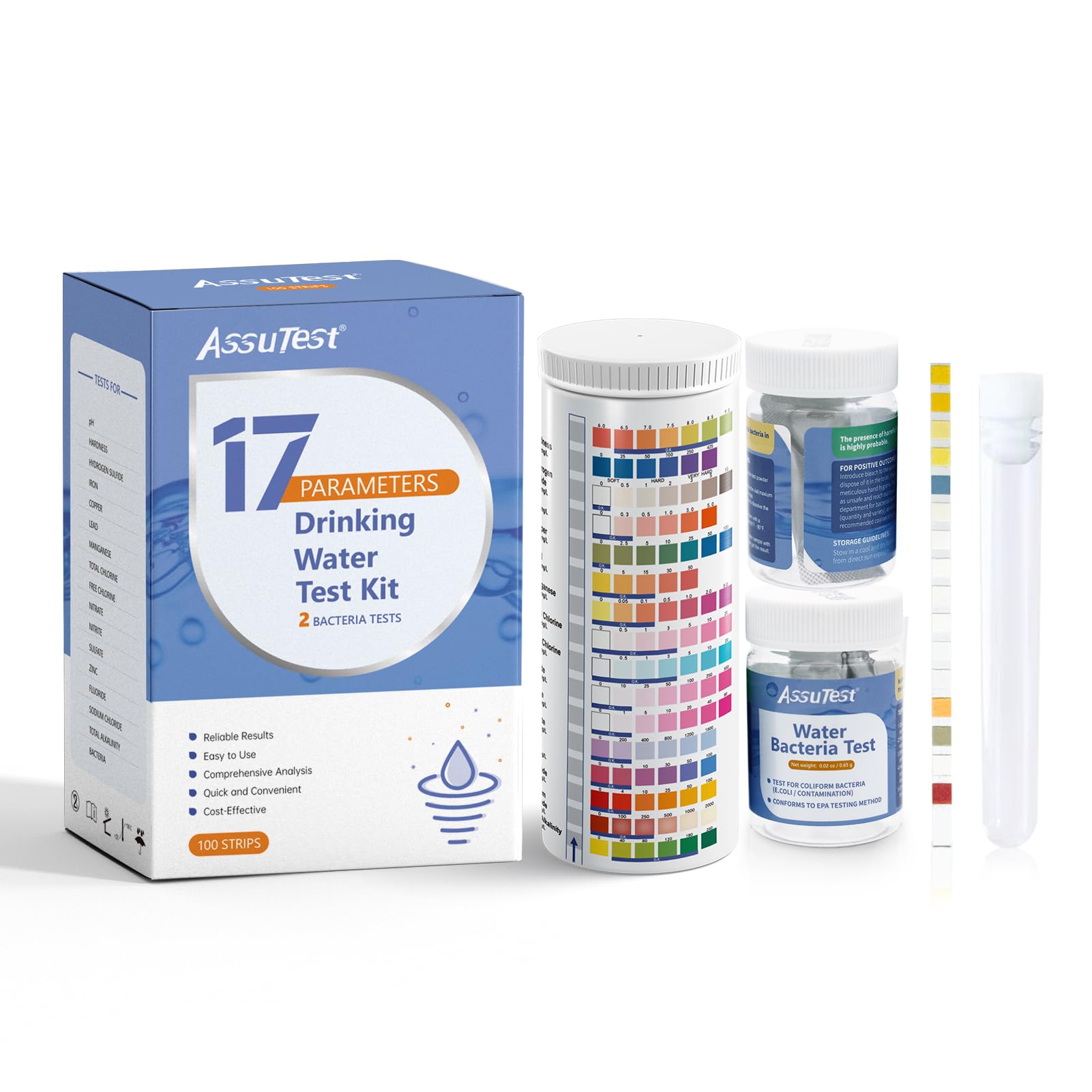 Photo 1 of AssuTest 17 in 1 Water Test Kit-100 Strips + 2 Bacteria Tester Kits. Well, Tap Home, Drinking Water City Water Testing Strip for Lead, Alkaline, Chlorine, Hardness, lron, Fluoride, Copper & More