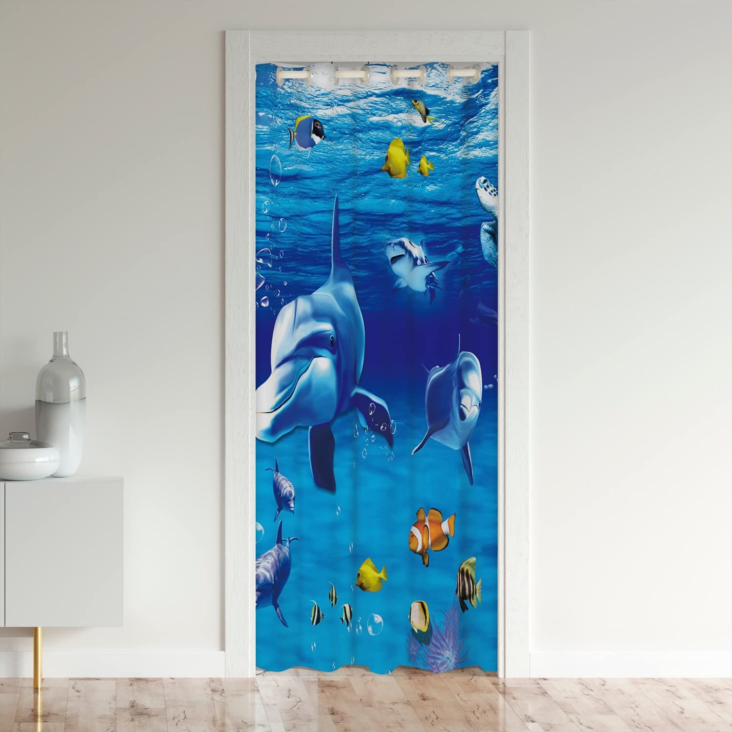 Loussiesd Dolphin Darkening Blackout Curtain Blue Ocean Marine Themed Sea Creatures Door Curtain Doorway Privacy Sea Animal Decor Closet Door Cover Curtain Summer Holiday room 106x203cm 1 Panel