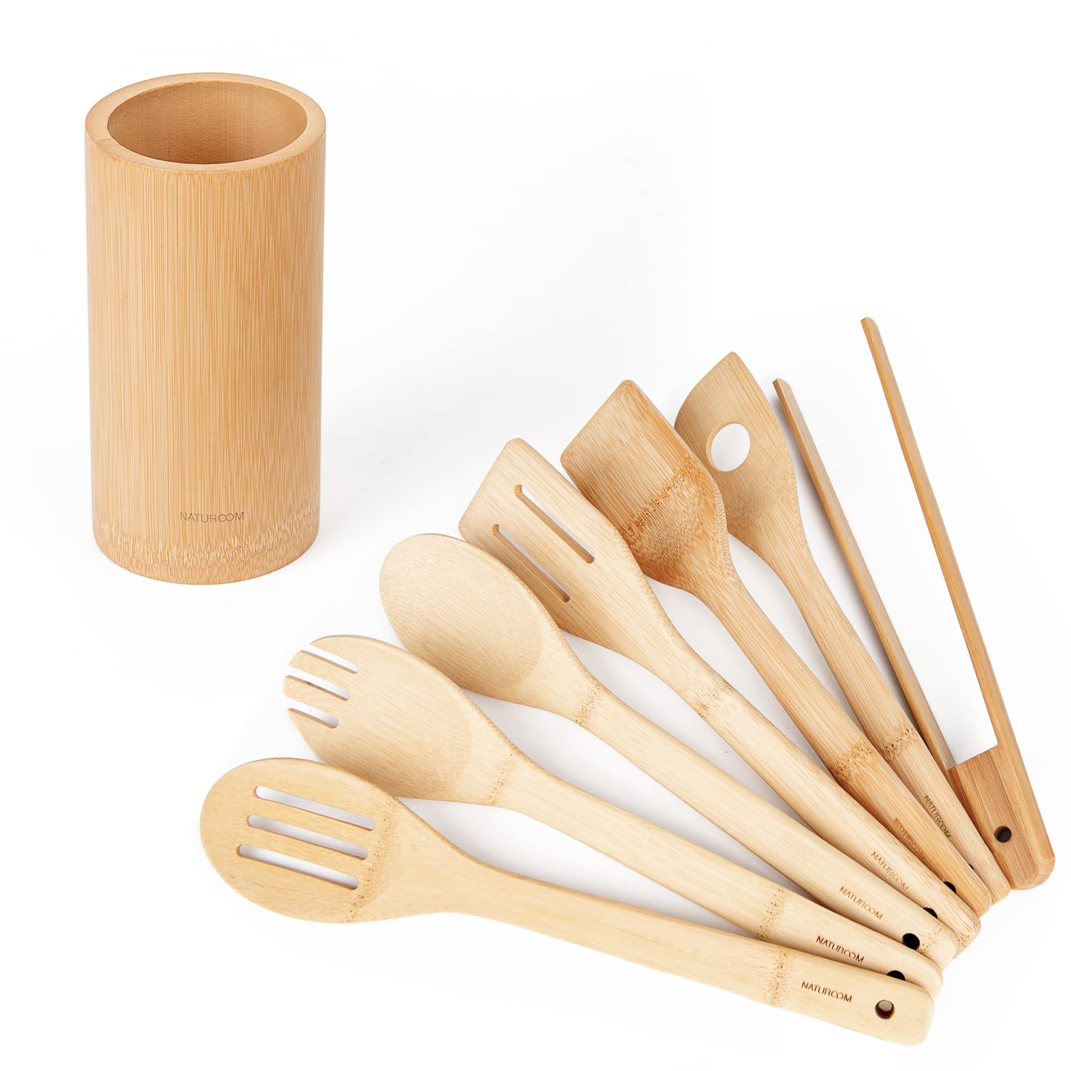 Naturoom Kitchen Utensils Set, 12", Bamboo Cooking Spoon and Spatula, Perfect for Nonstick Cookware, Bamboo, 12", 8 Pieces