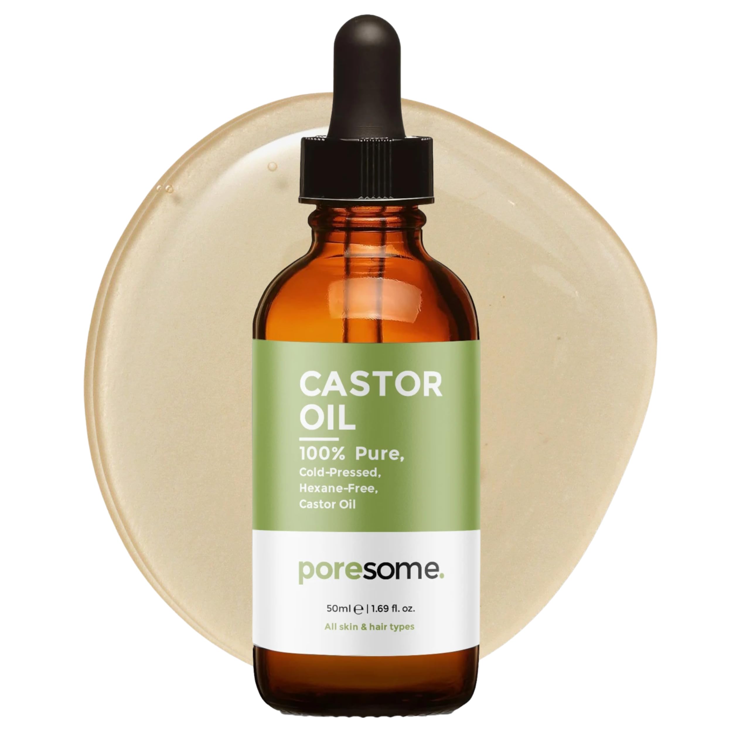 Poresome Castor Oil for Hair Growth, Face, Skin, Body & Massage Carrier Oil - Cold Pressed, 100% Pure, Hexane Free - Vegan, Cruelty & Fragrance Free - UK Made - 50ml Amber Glass Dropper Bottle
