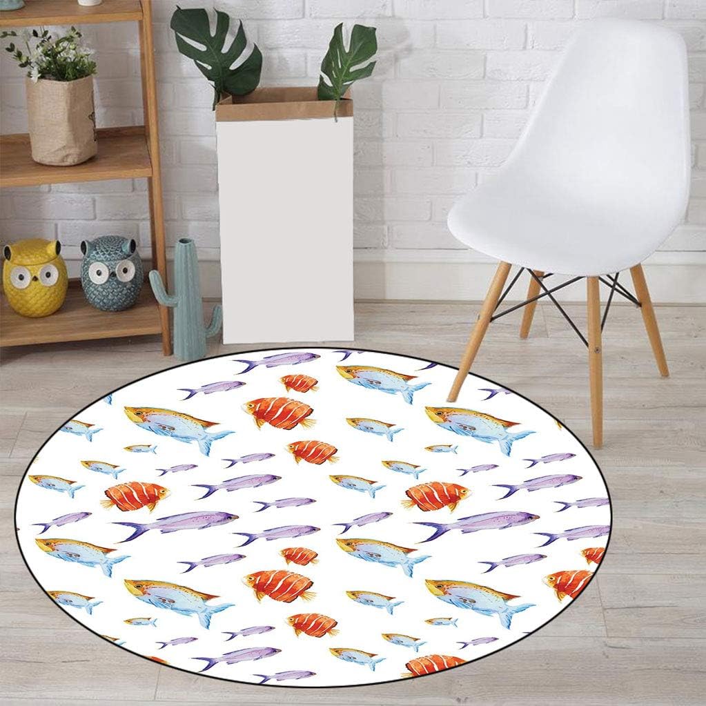 Fish Circle Carpet Rugs, Underwater Life Themed Art with Tropical Goldfish and