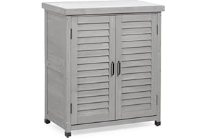 WOOD-NATRL Outdoor Potting Bench with Storage Cabinet and Metal Top, Wood Workstation for Outdoor Patio, Garden (Light Grey, 31x17x36‘’)