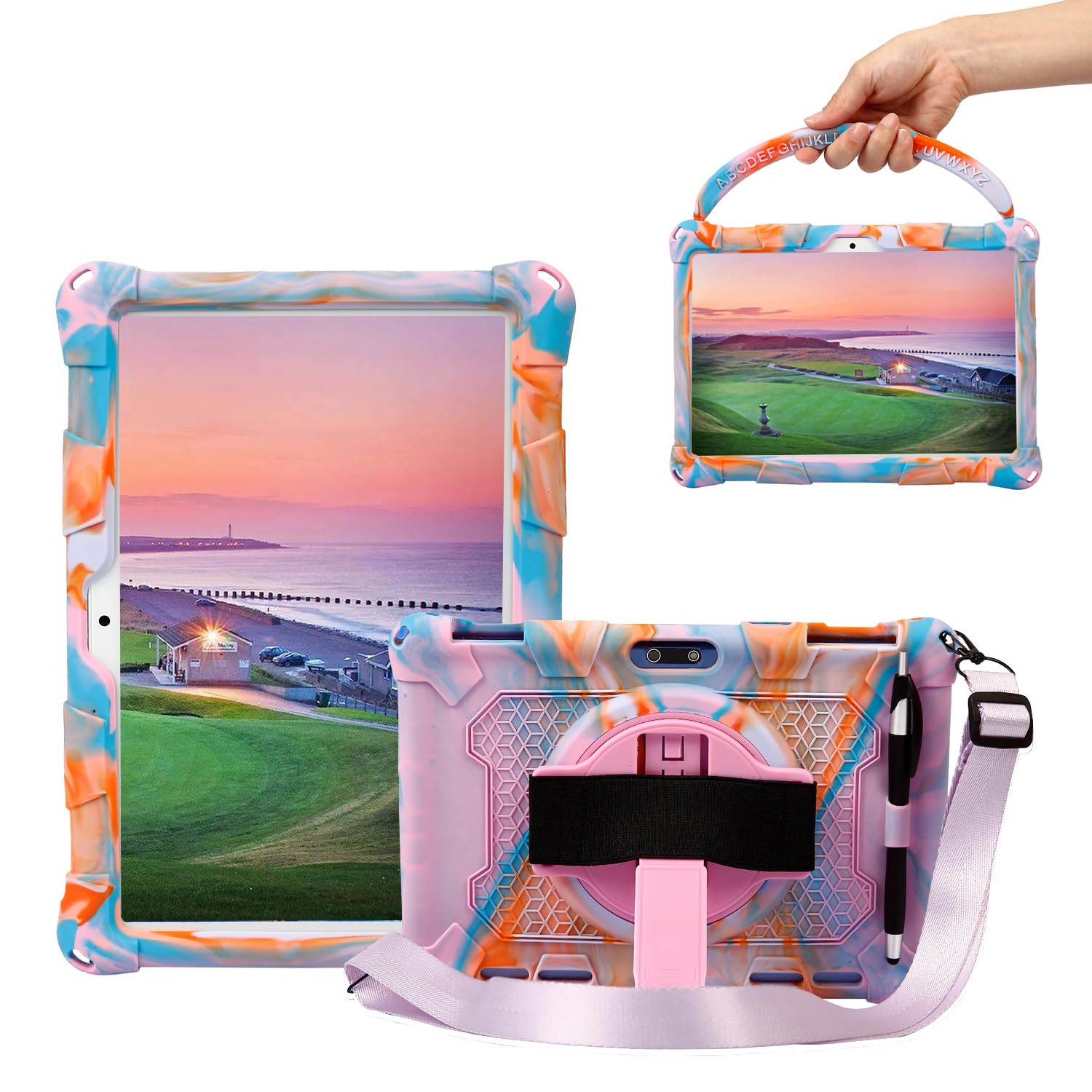 Sfulatdc Silicone Tablet Case with 360 Rotating Kickstand Strap/Shoulder Strap/Handle Compatible with Victbing 10, BENEVE 10.1,Dragon Touch Notepad K10/Max10 Multicolor Pink