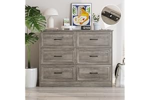 Fameill Dresser for Bedroom, 6 Drawer Wide Dresser Organizer with Charging Station, Tall Dresser for Hallway, Wood Dresser with Metal Handles, Ash Grey