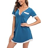 Yukiuiny Women's Loose Fit Sleep Dresses Short Sleeve Lace Trim Pockets Multiple Colors Sizes