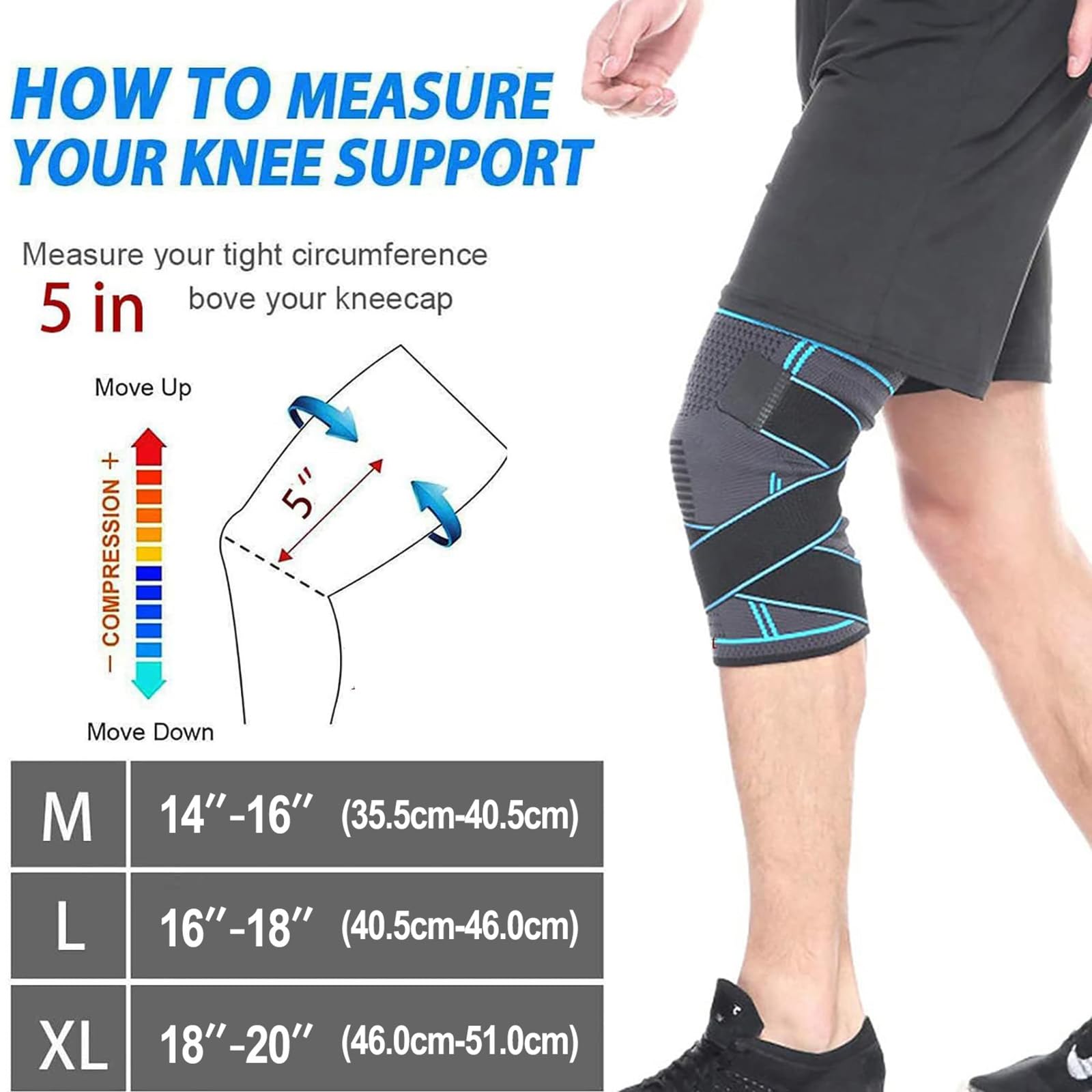 Seitaku Knee Brace Compression Sleeve with Strap: Knee Support Women Men for Running, Basketball, Weightlifting, Gym, Sports, Workout (NavyBlue, Large)