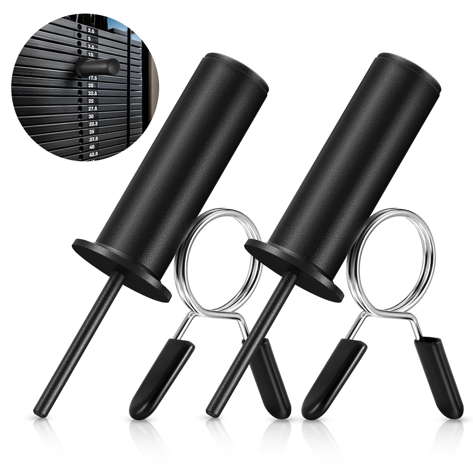 Photo 1 of Lasnten 2 Pcs Gym Pin with Spring Clip Collar Weight Stack Extender Pin for 2 inch Weight Plate Cable Strength Exercise Machine Gym Training Home Fitness Equipment (Black)