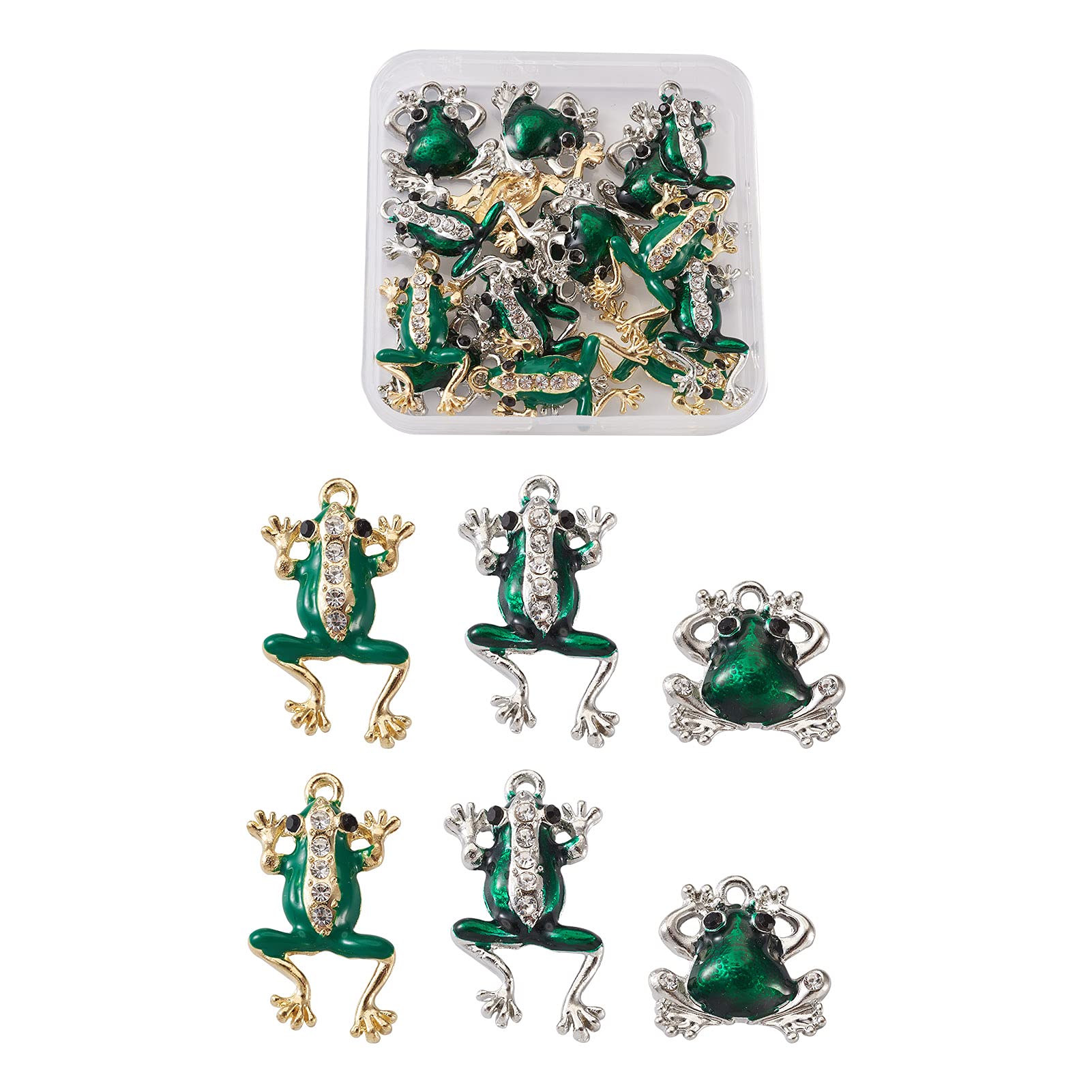 Cheriswelry 18pcs Alloy Enamel Frog Pendants Crystal Rhinestones Metal Animal Dangle Charms for DIY Jewellery Necklace Bracelet Earring Making