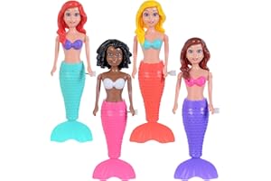 ebuddy 4-Pack Wind-Up Mermaid Bath Toys for Kids -Toddler Bath Toys for Kids Moving Tail Priness Doll Diverse Hair Colors & S